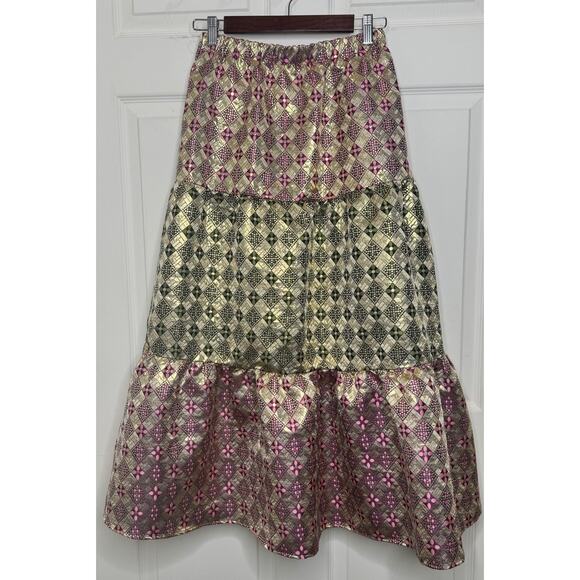 Tuckernuck Champaign Dreams Pink Gold Green Metallic Tiered Maxi Skirt Sz Small - Picture 2 of 8